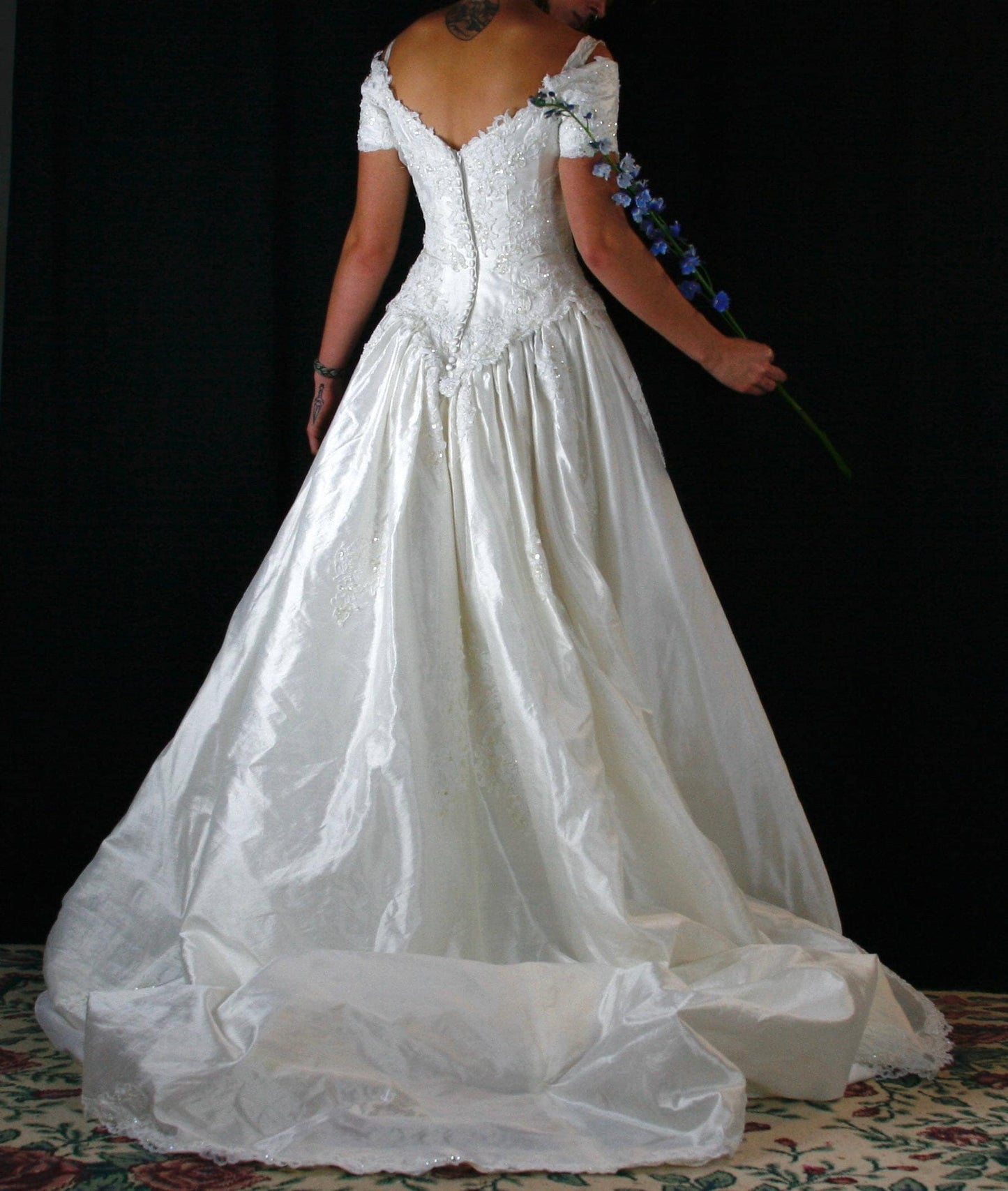 Off Shoulder Short Sleeve Dress with Floral & Beaded Embroidery