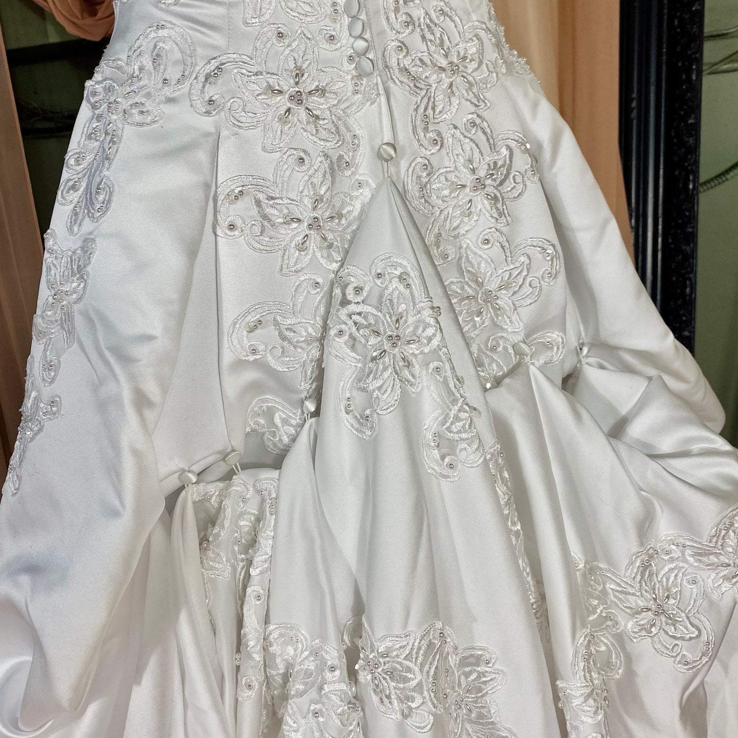 Michael Angelo White A-line Satin & Lace Sleeveless Dress With Bustle