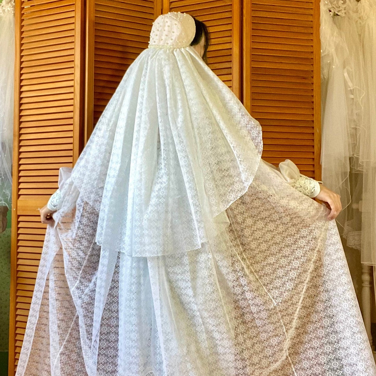 1973 Ivory Over Blue French Laced Dress with 2 Matching Veils.