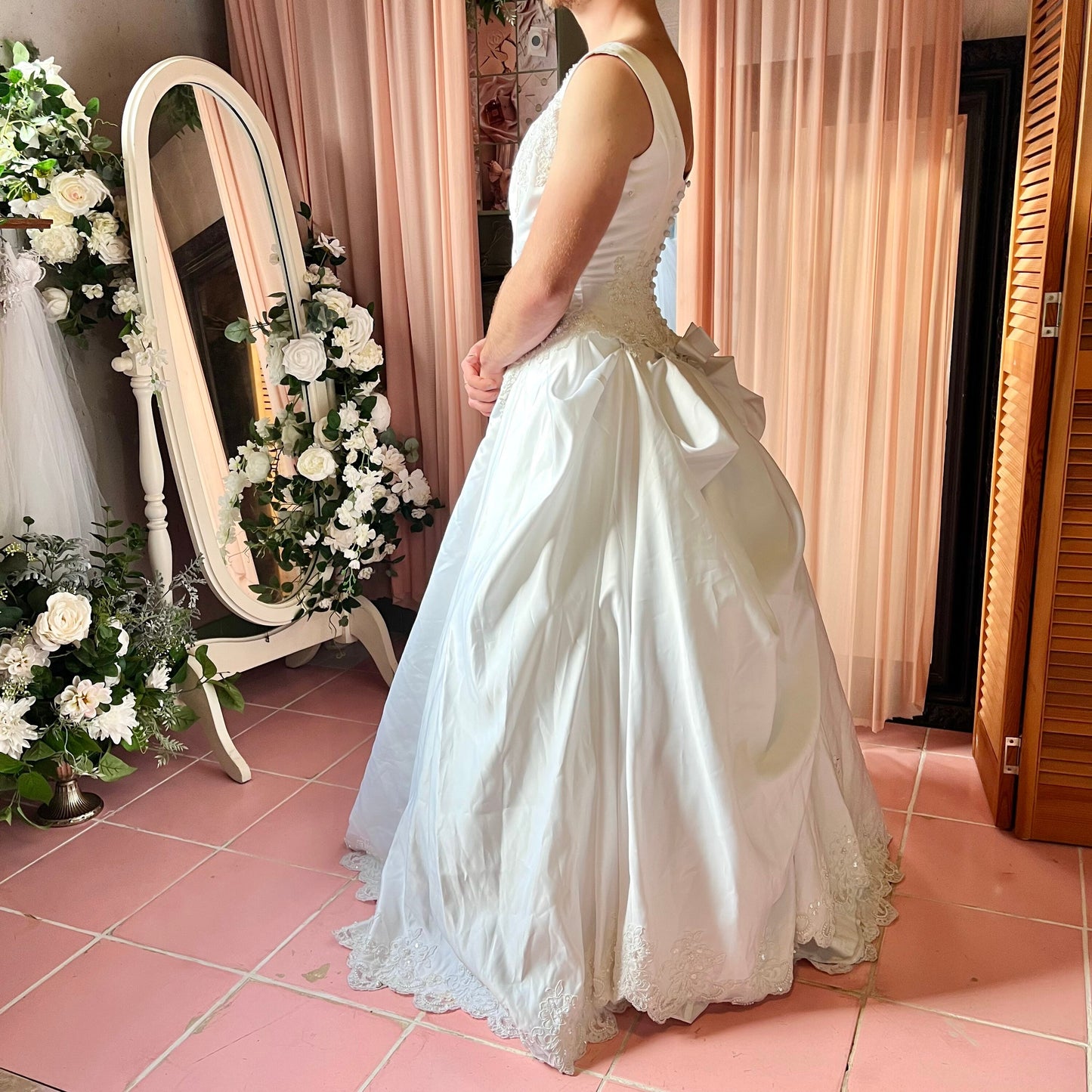 Sleeveless White Satin Ballgown with Floral Lace and Pearl Detail
