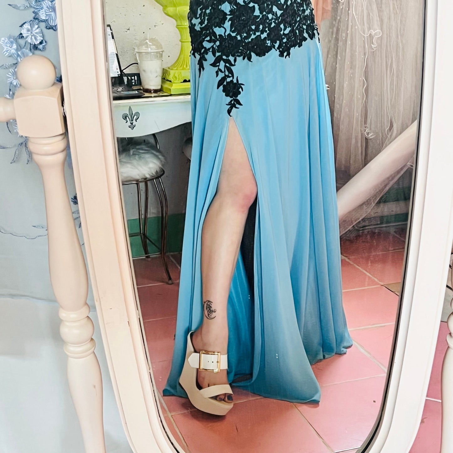 Blue Halter Top Dress W/ Black Applique & Open Back