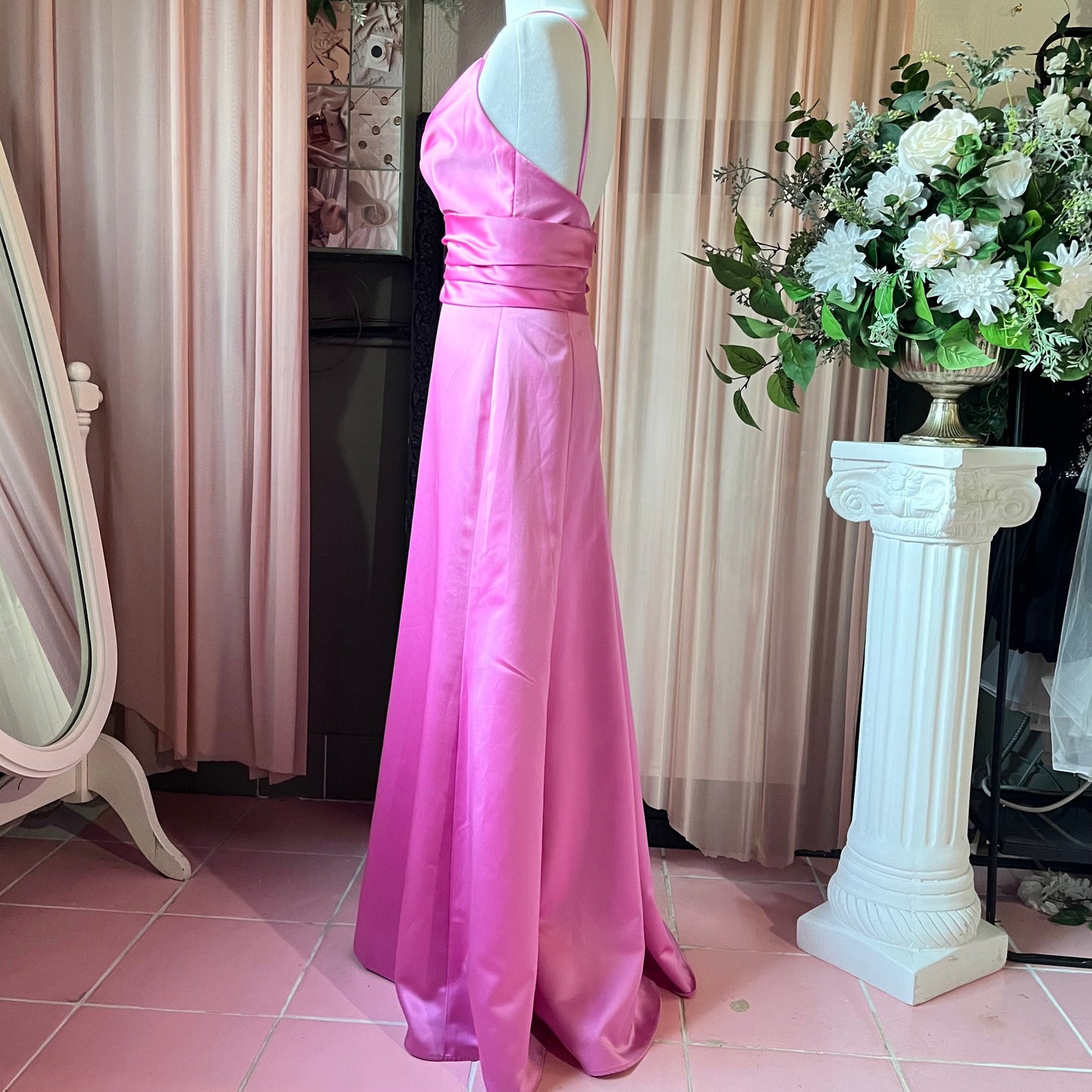 Pink Satin Gown With Adjustable Spaghetti Straps.
