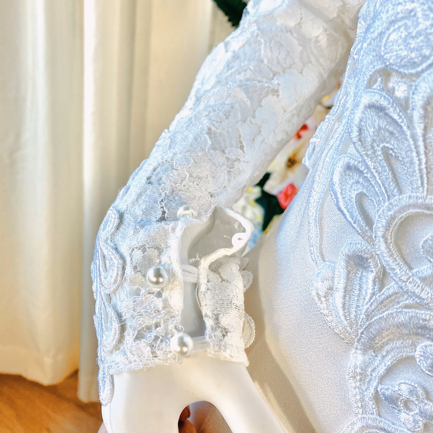 Ivory Chiffon Long Sleeve Dress with Lace Overlay