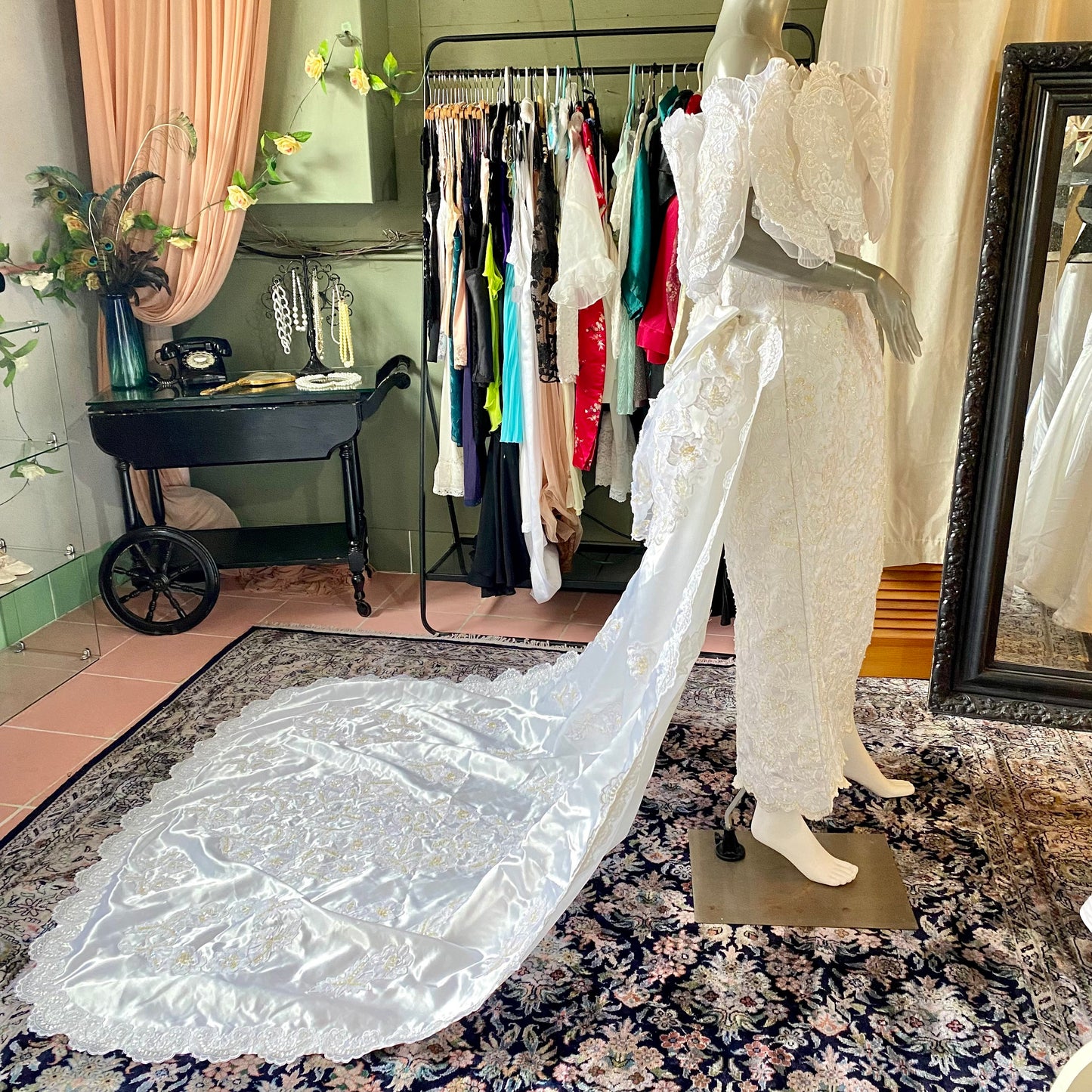 1980's Lace & Sequin Off-Shoulder Dress With Detachable Train and Arm Sleeves