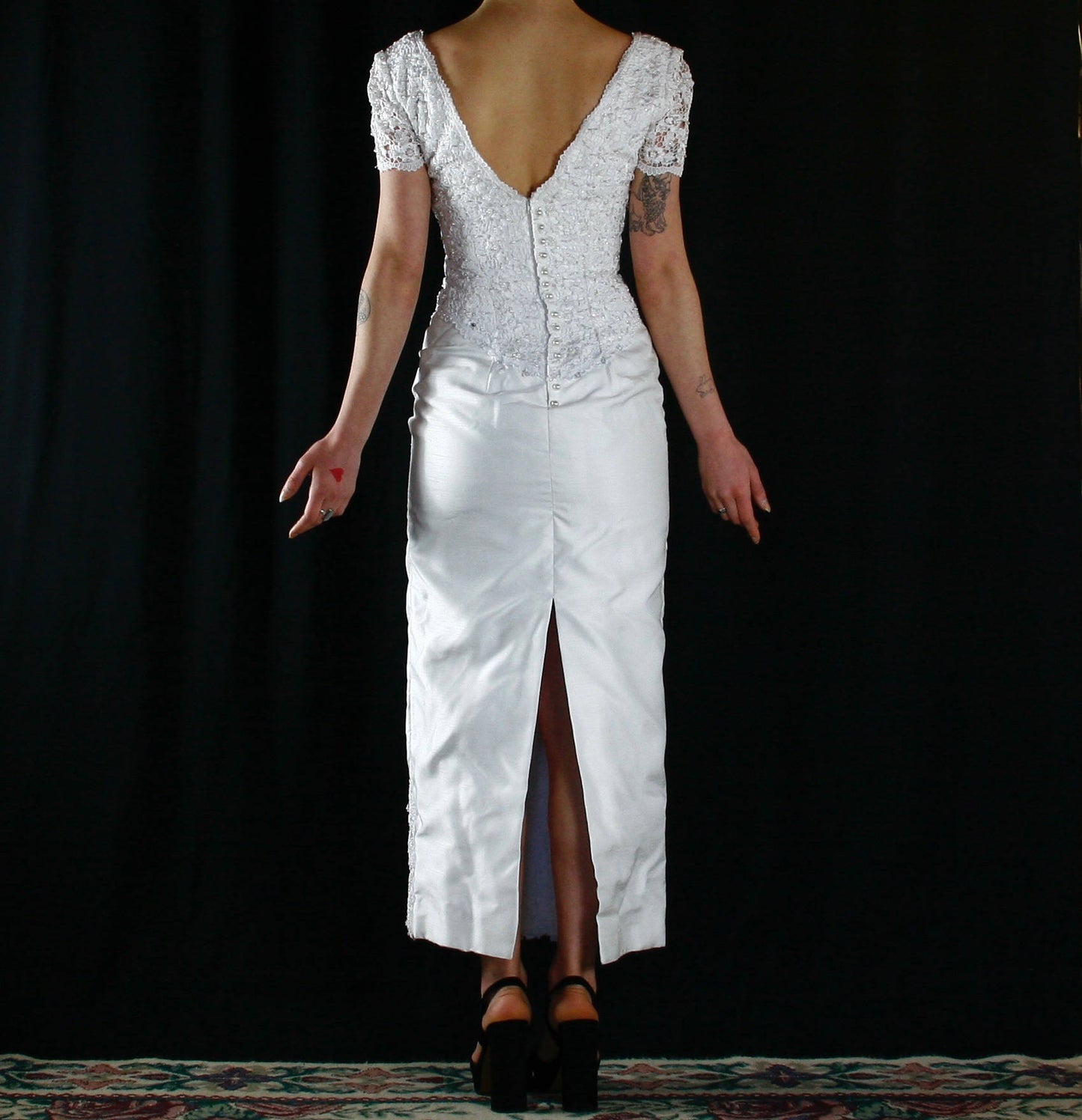 1980's slim skirt wedding dress with slit and beading