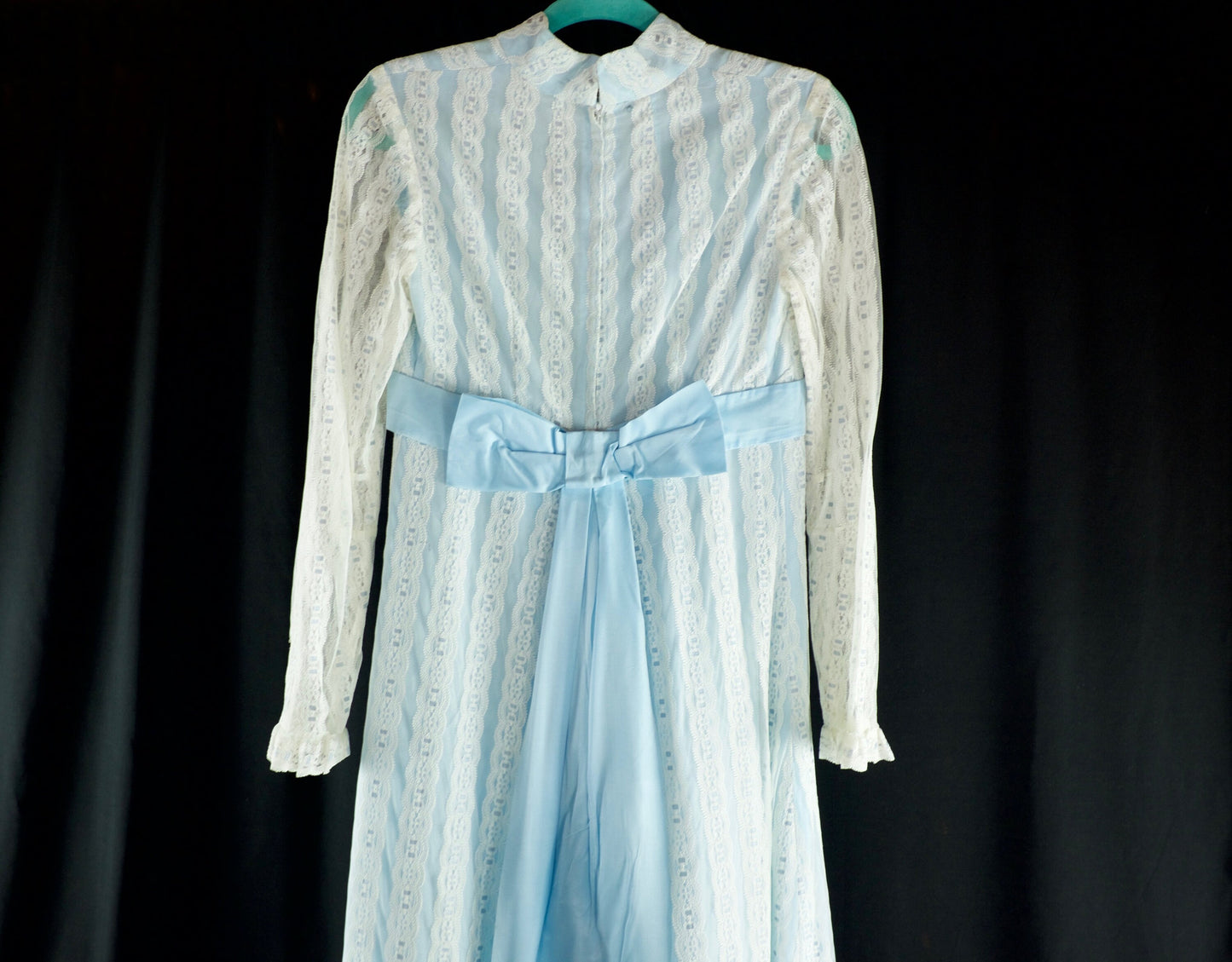 1970's vintage blue modest wedding dress with lace details