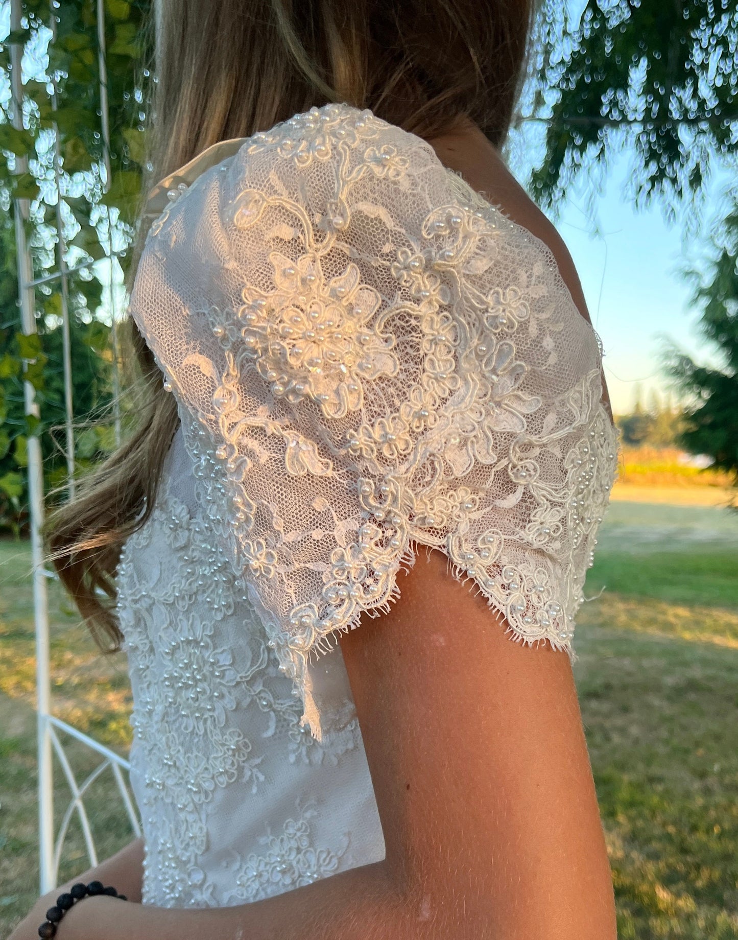 1950's Ivory Silk Dress with Puff Sleeves & Pearls