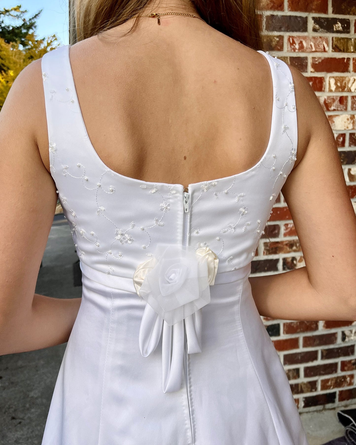Sleeveless Wedding Dress with Empire Waistline & Short Train