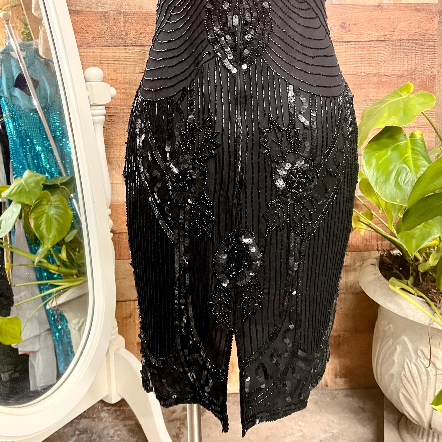 Vintage 1980s Stenay Black Silk Beaded Cocktail Dress with Open Back