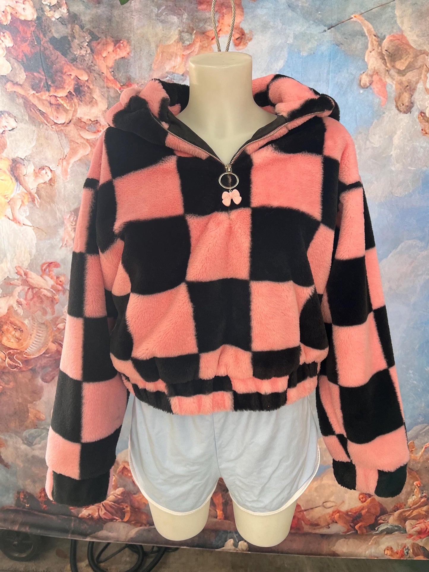 Soft Plush Black and Pink Zip-Up Jacket with Bow Charm