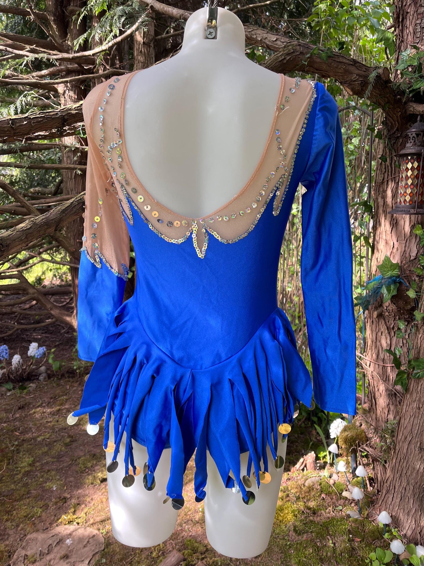 Vintage Sapphire Blue Figure Skating Costume β Sheer Sequin Mesh Sleeves, Fringe Hem & Long Sleeves | Festival or Performance Outfit