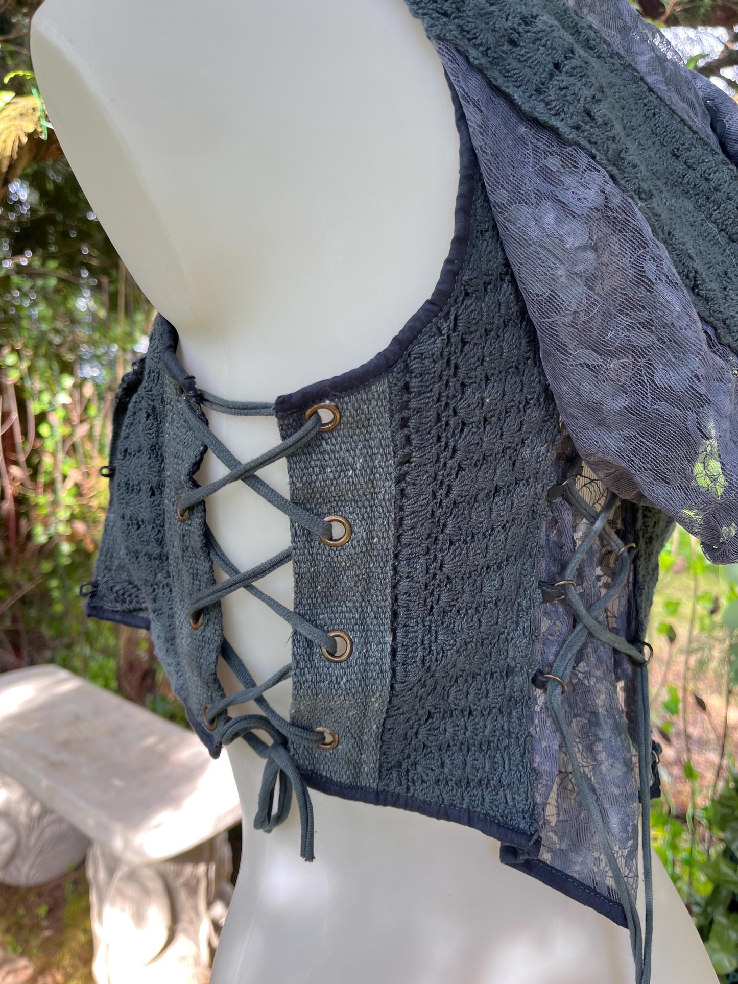 Dark Ash Blue Lace-Up Cropped Vest with Hood – Handmade Crochet & Lace Faerywear