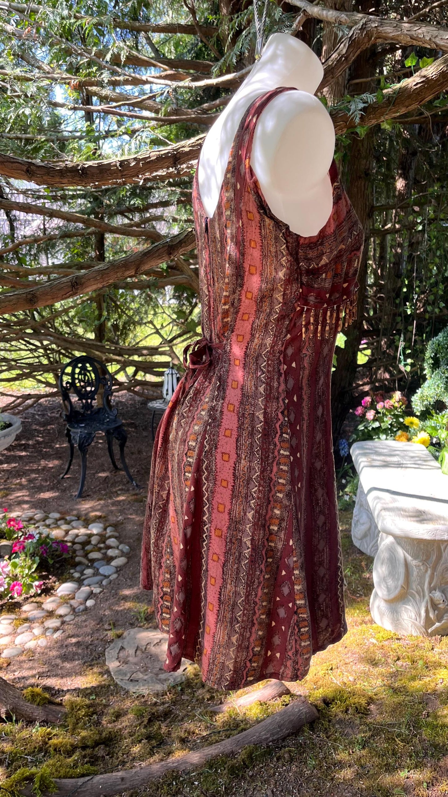 Boho Beaded Earthy Tribal Print with Tassel Trim