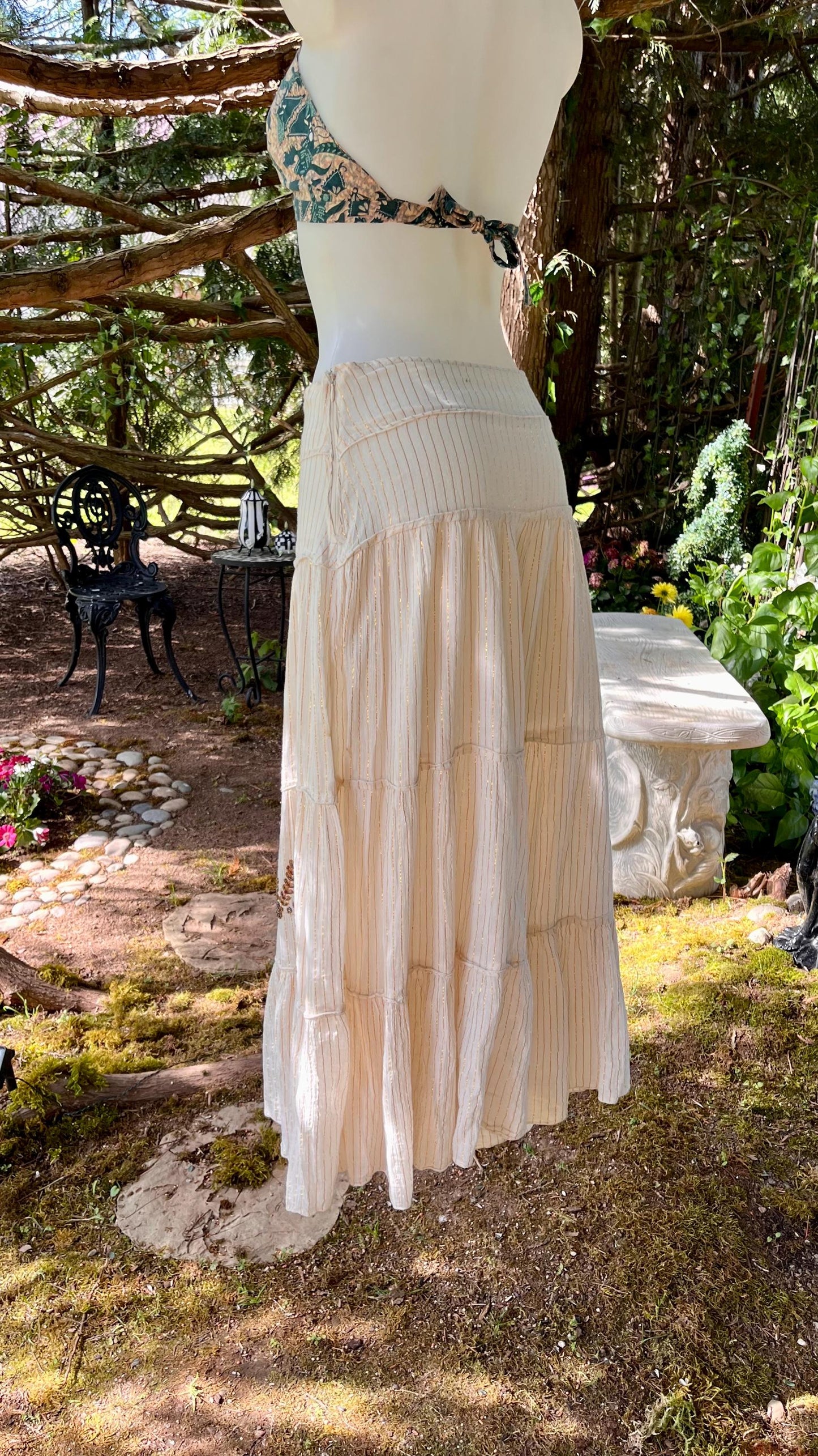 Cream Meadow Skirt with Gold Pinstripes