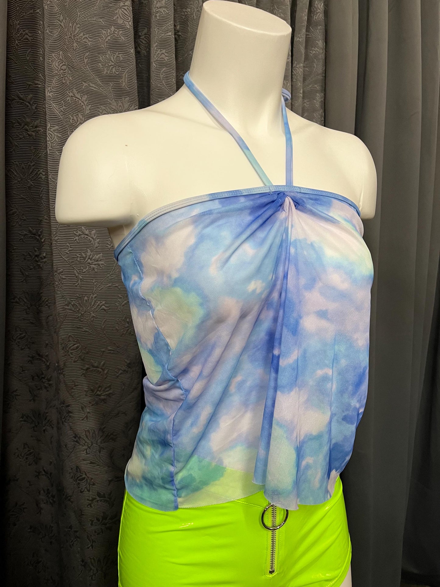 Sky Dream Mesh Halter Top – Cloud Print Y2K Sheer Festival Top
