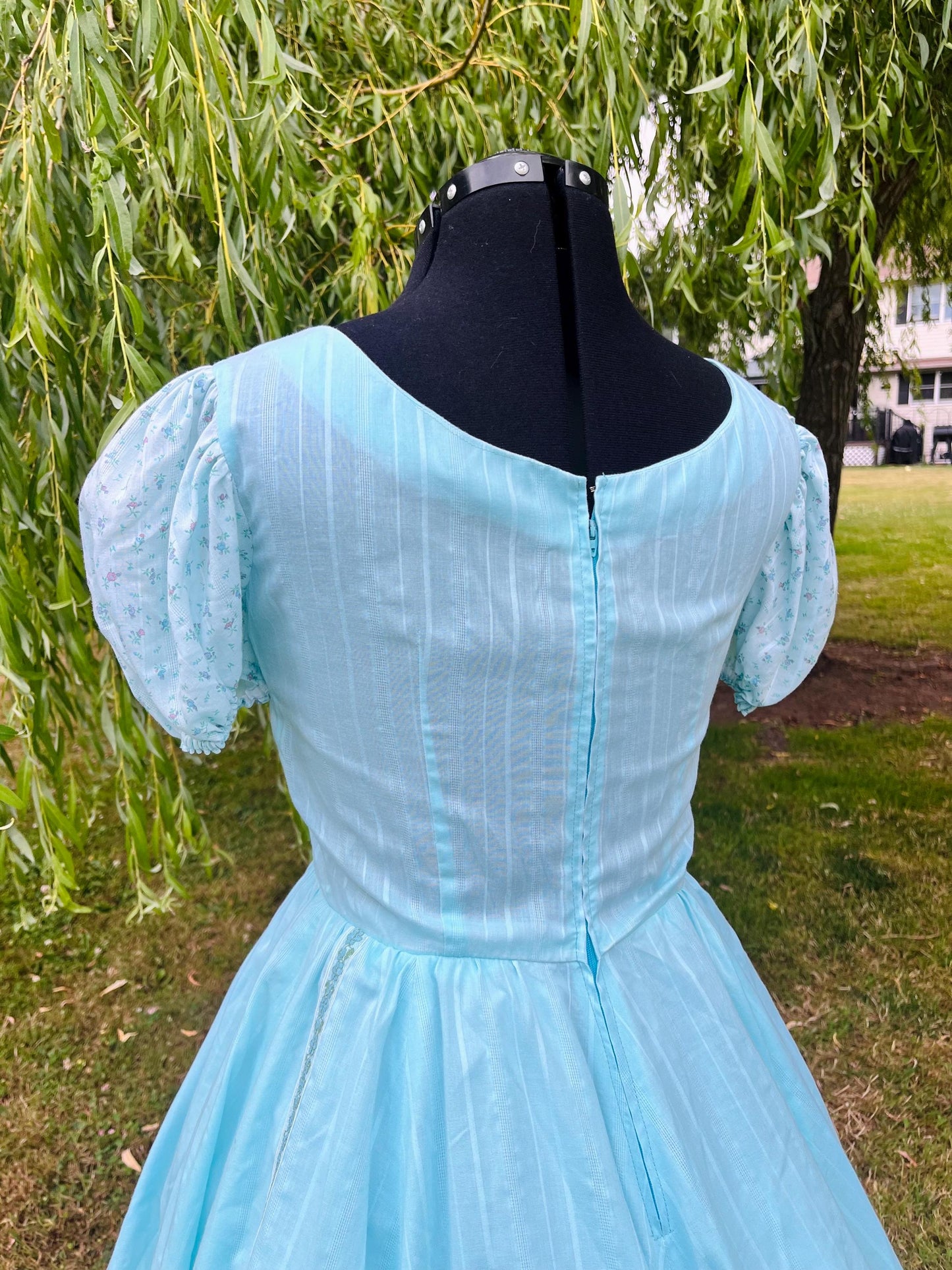 Handmade Puff Sleeve Prairie Dress – Baby Blue with Floral Ruffle Trim