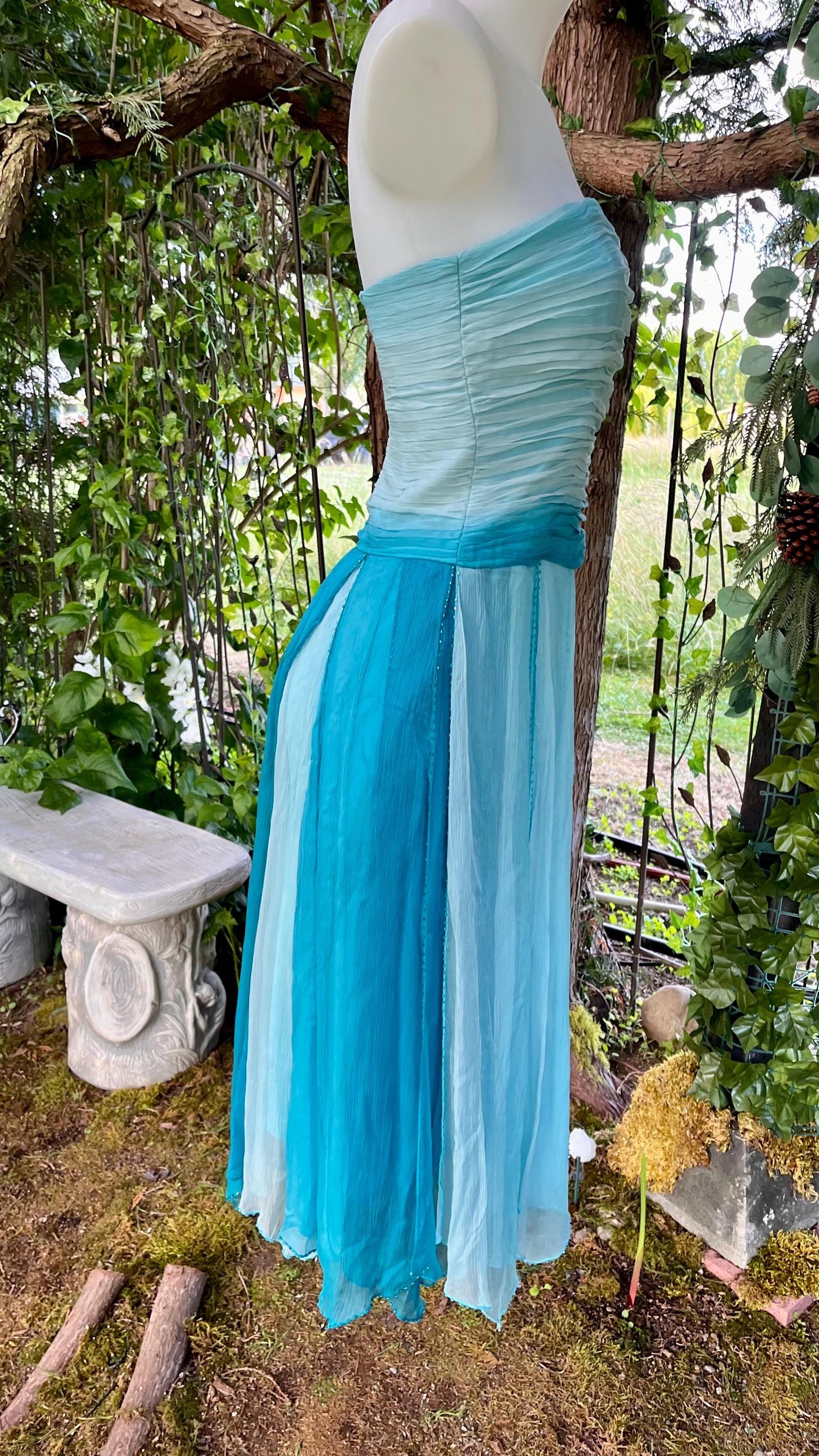 Ocean Sprite Strapless Silk Dress | Vintage Fairycore Cocktail Dress | Light Blue + Teal Ombre Layers