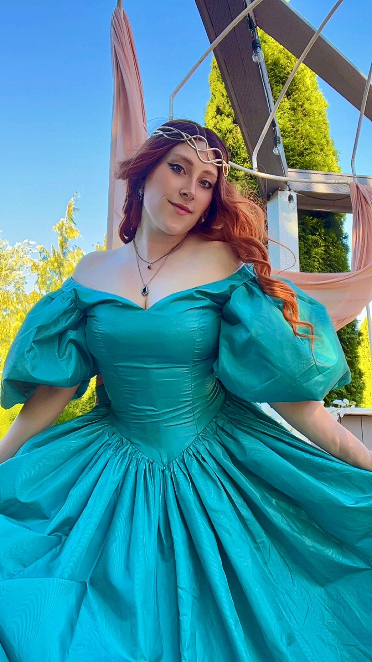 Pemberley Puff Sleeve Teal Moiré Taffeta Gown with Statement Bow Back