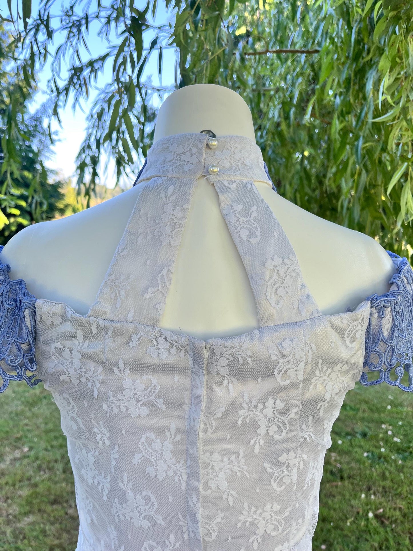 Scott McClintock Off-Shoulder White Lace Dress with Blue Embroidered Applique