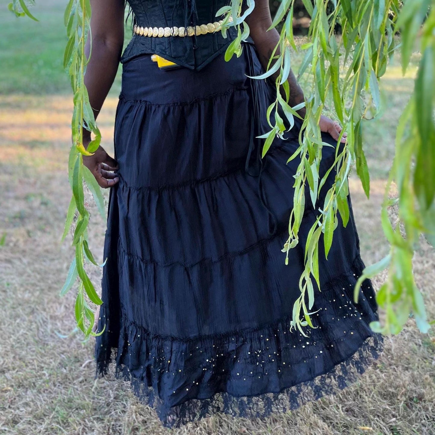 Enchanting Black Tiered Maxi Skirt With Lace and Gold Sequins