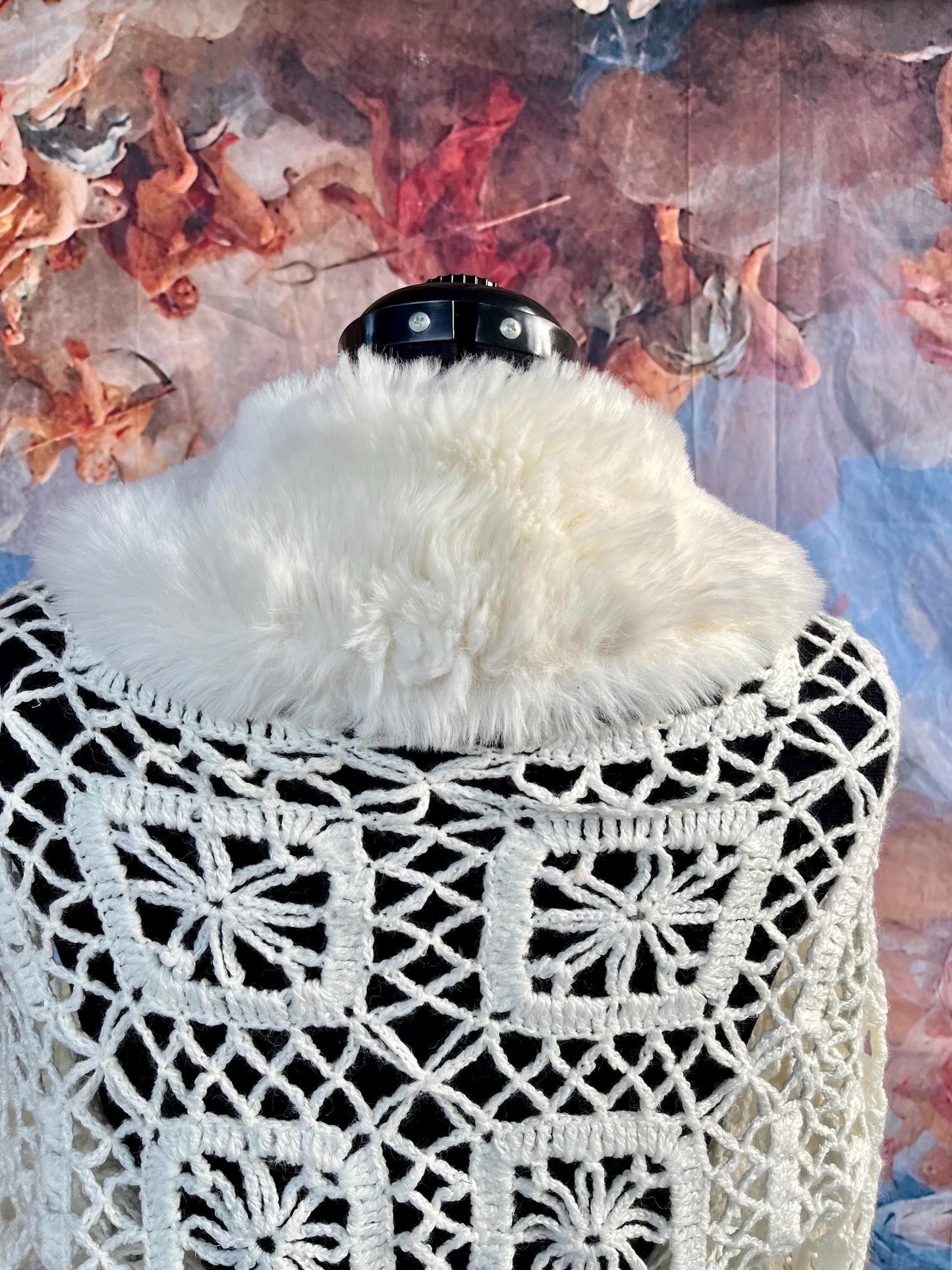 Crochet Ivory Boho Bolero Shrug with Faux Fur Collar