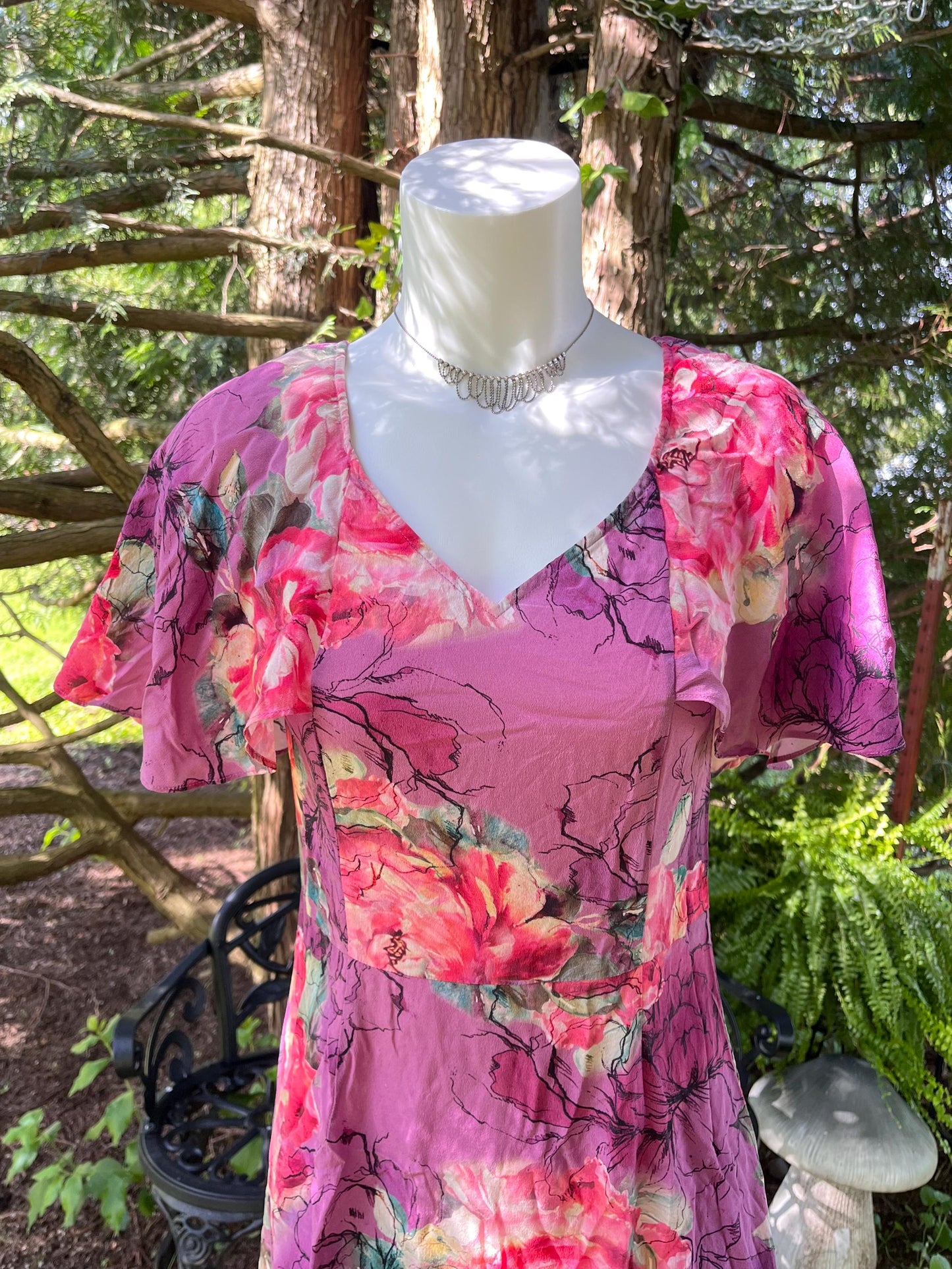 Pink Flower Garden in Silk, Midi Dress.