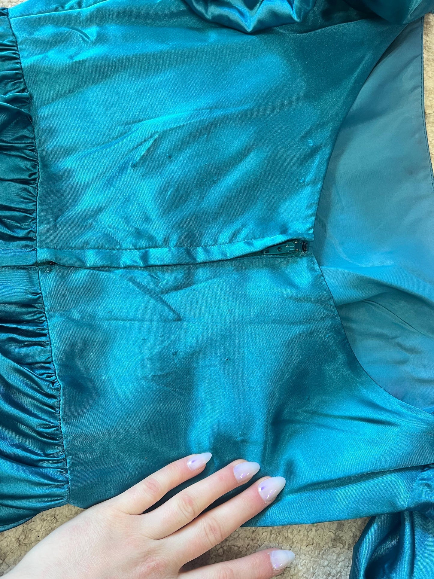 Vintage Peacock Blue Satin Ball Gown With Puff Sleeves