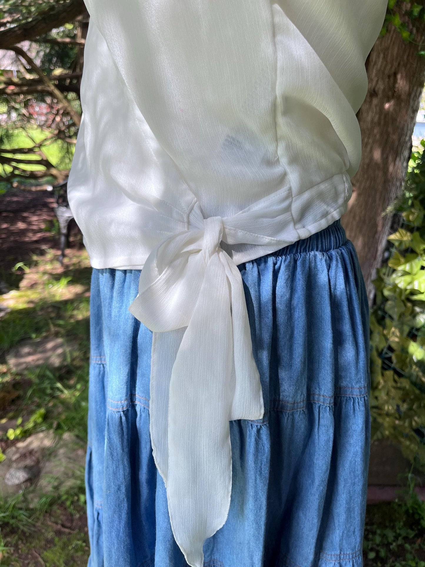 Sheer Ivory Wrap Blouse • Romantic Puff Sleeve Tie Top