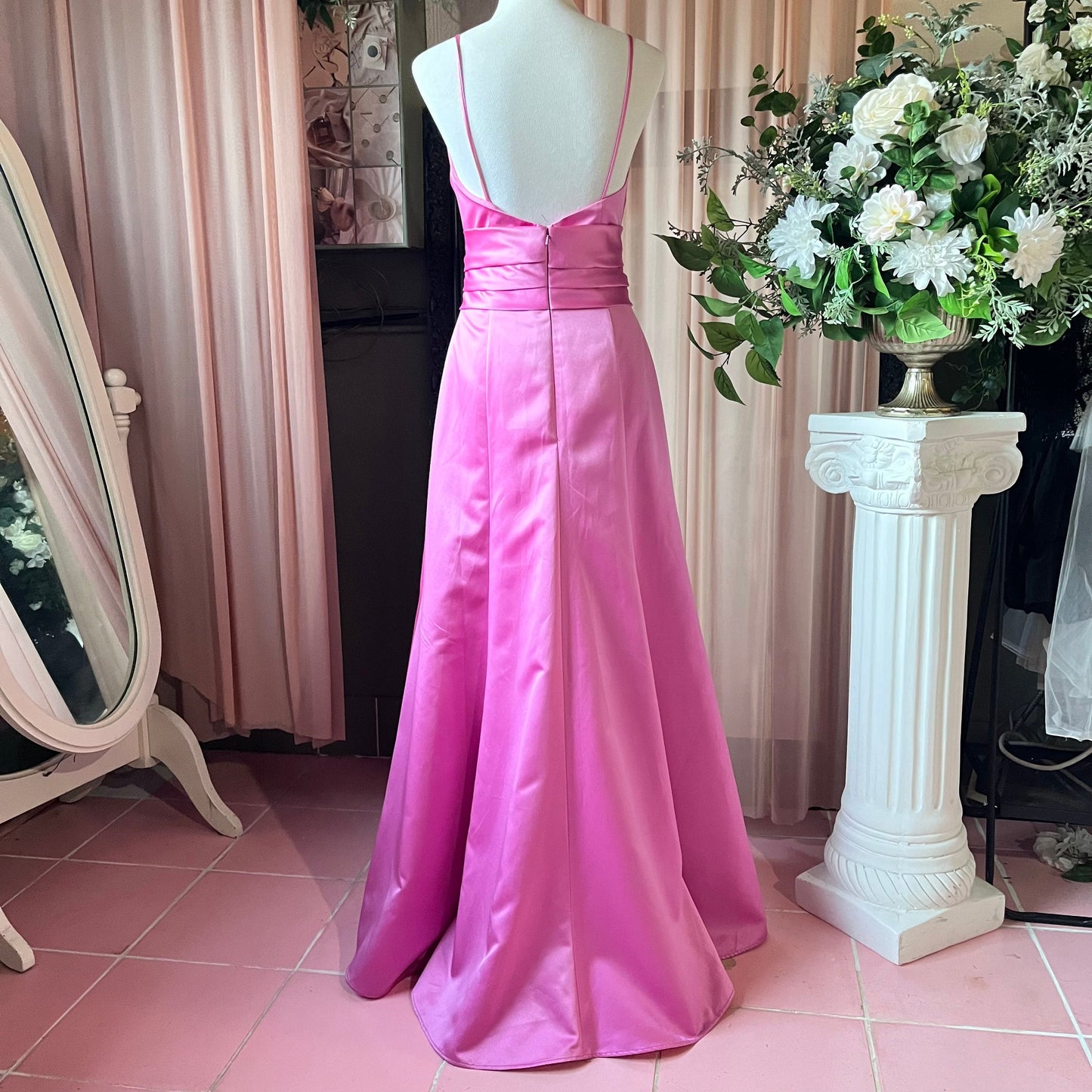 Pink Satin Gown With Adjustable Spaghetti Straps.