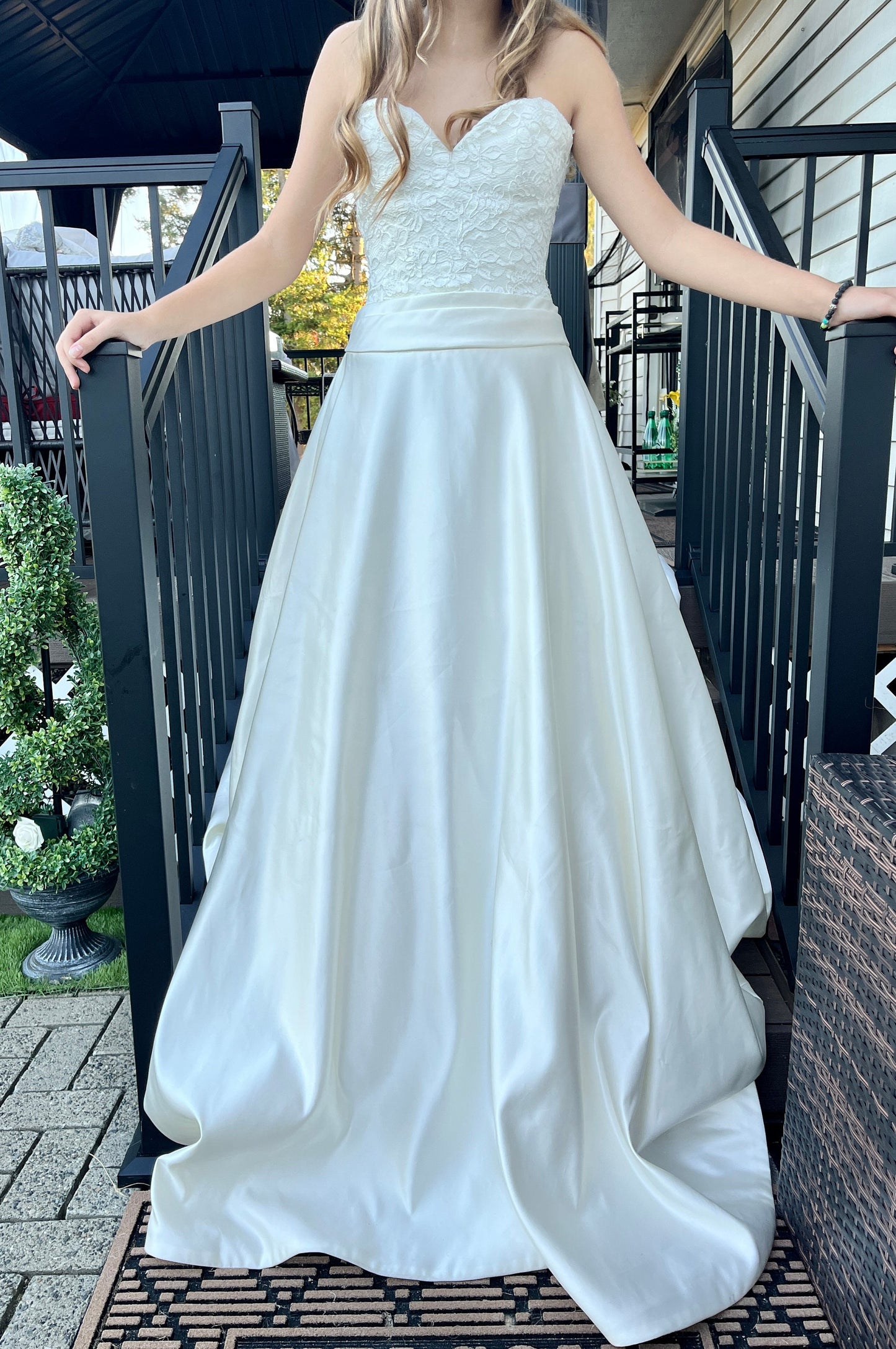 Alfred Sung Strapless Ivory Satin Ballgown with Lace Top