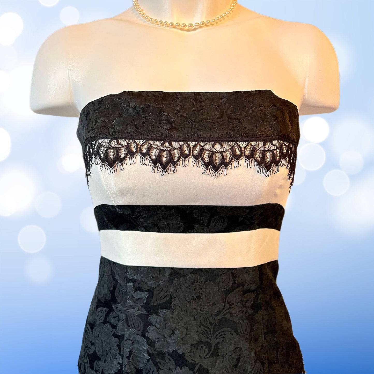 Jessica McClintock Black & White Short Dress, Lace Detail