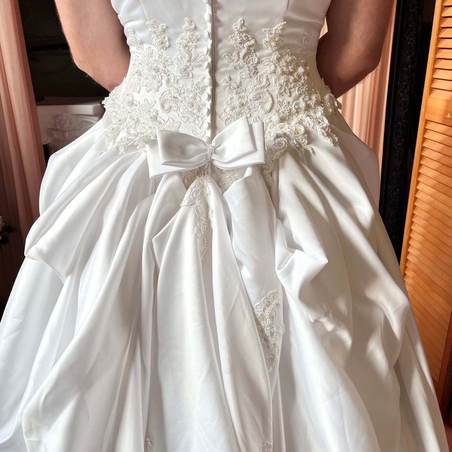 Sleeveless White Satin Ballgown with Floral Lace and Pearl Detail
