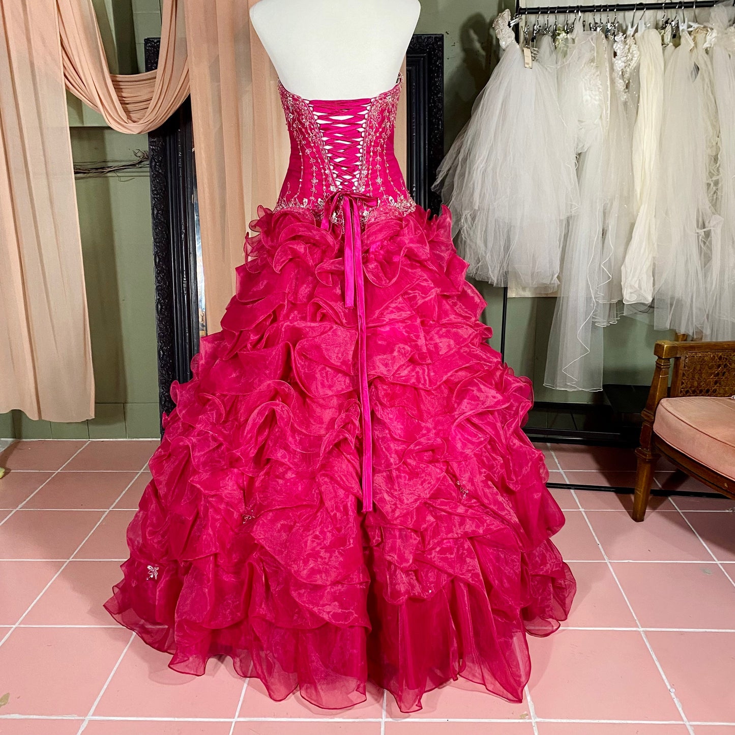 Fuchsia Strapless Ballgown With Ruffled Organza Skirt