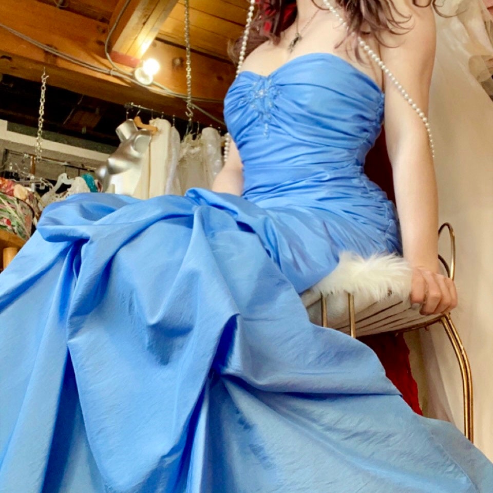 Blue Taffeta Strapless Dress with Pick-ups and Ruching.