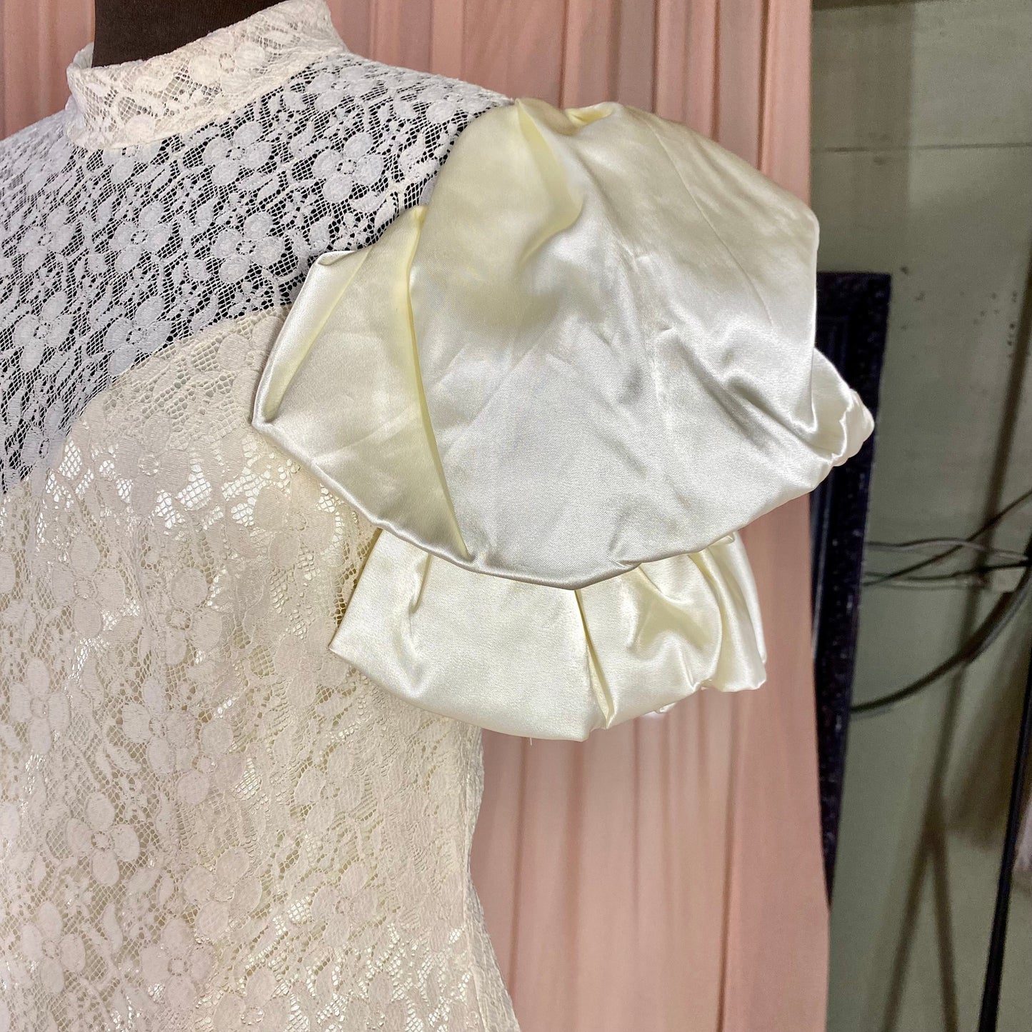 Cream Wedding Gown With Puff Sleeves, Short Train & Lace Top