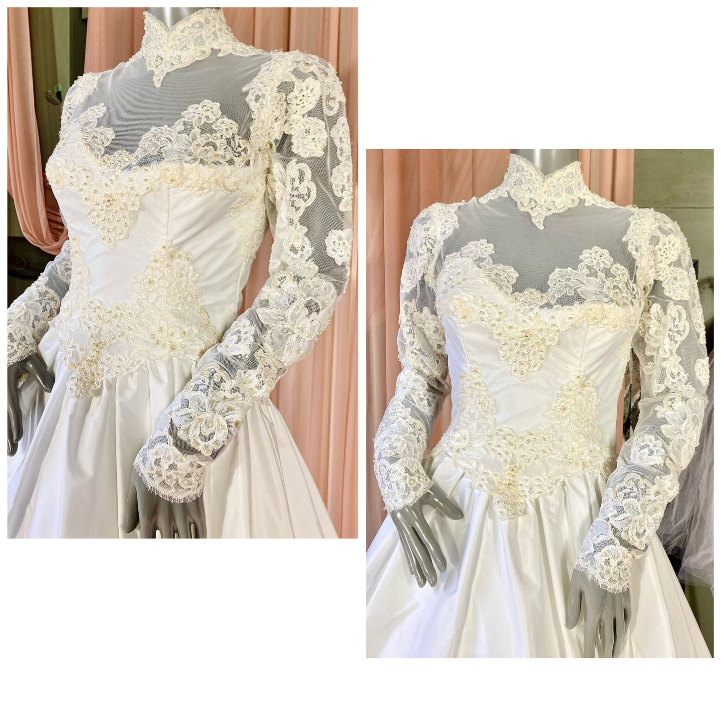 Ivory Taffeta & Lace Long-sleeved Wedding Dress With Matching Veil
