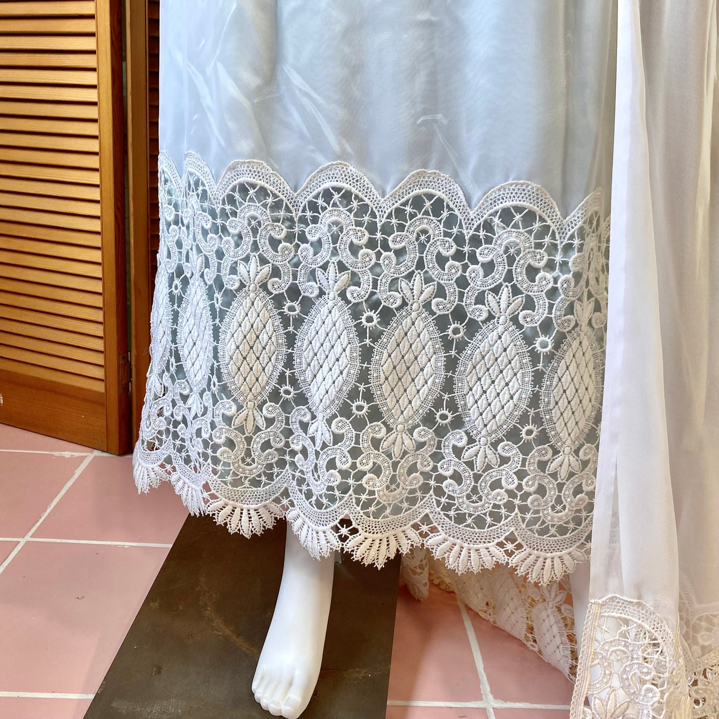 1973 Ivory Over Blue French Laced Dress with 2 Matching Veils.