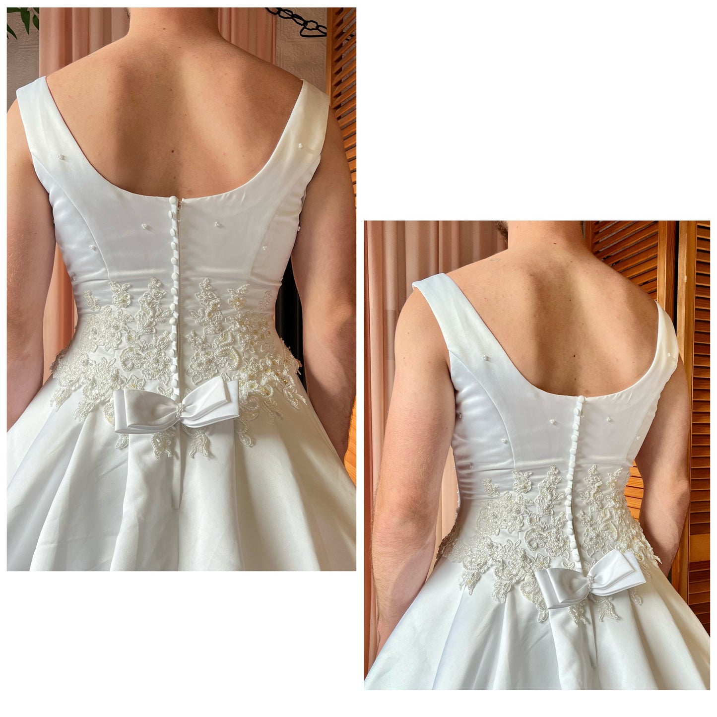 Sleeveless White Satin Ballgown with Floral Lace and Pearl Detail