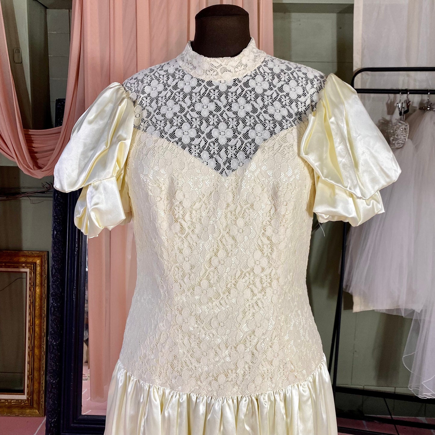 Cream Wedding Gown With Puff Sleeves, Short Train & Lace Top