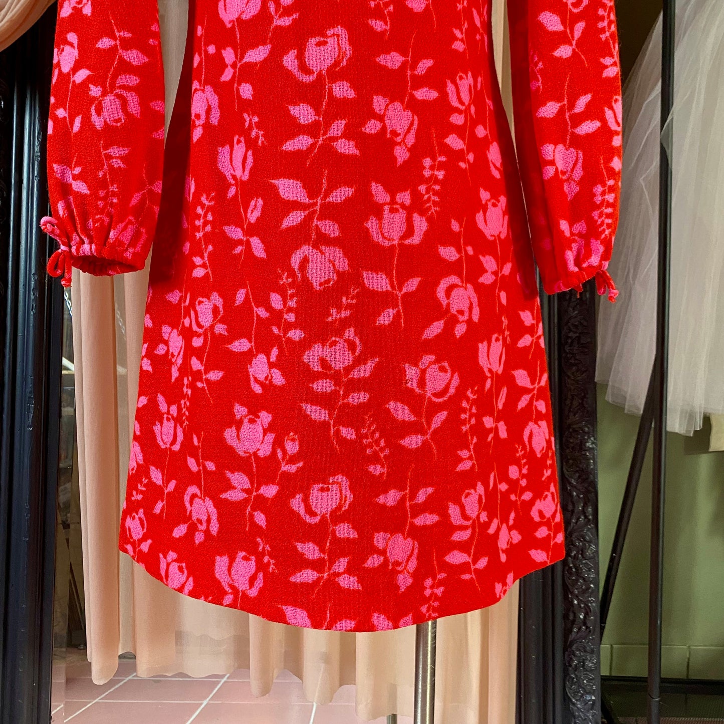 Gay Gibson Wool Red Dress with Pink roses
