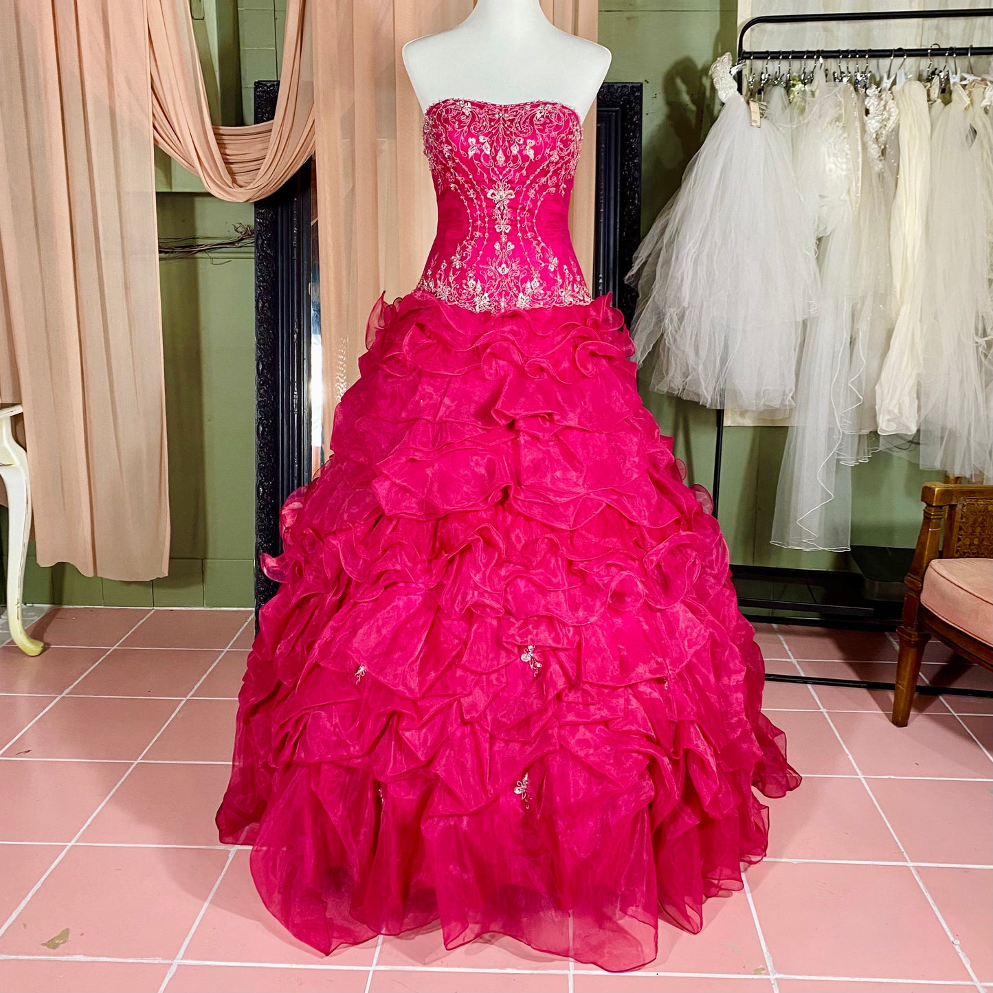 Fuchsia Strapless Ballgown With Ruffled Organza Skirt