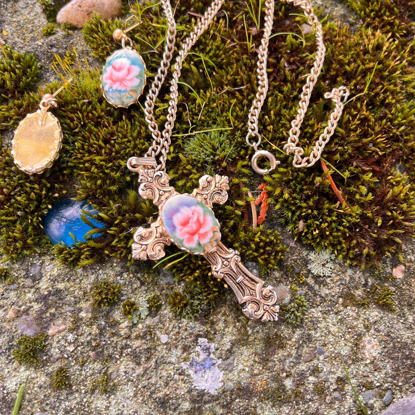 Rosalind Set- Floral Cross Necklace & Earrings Set