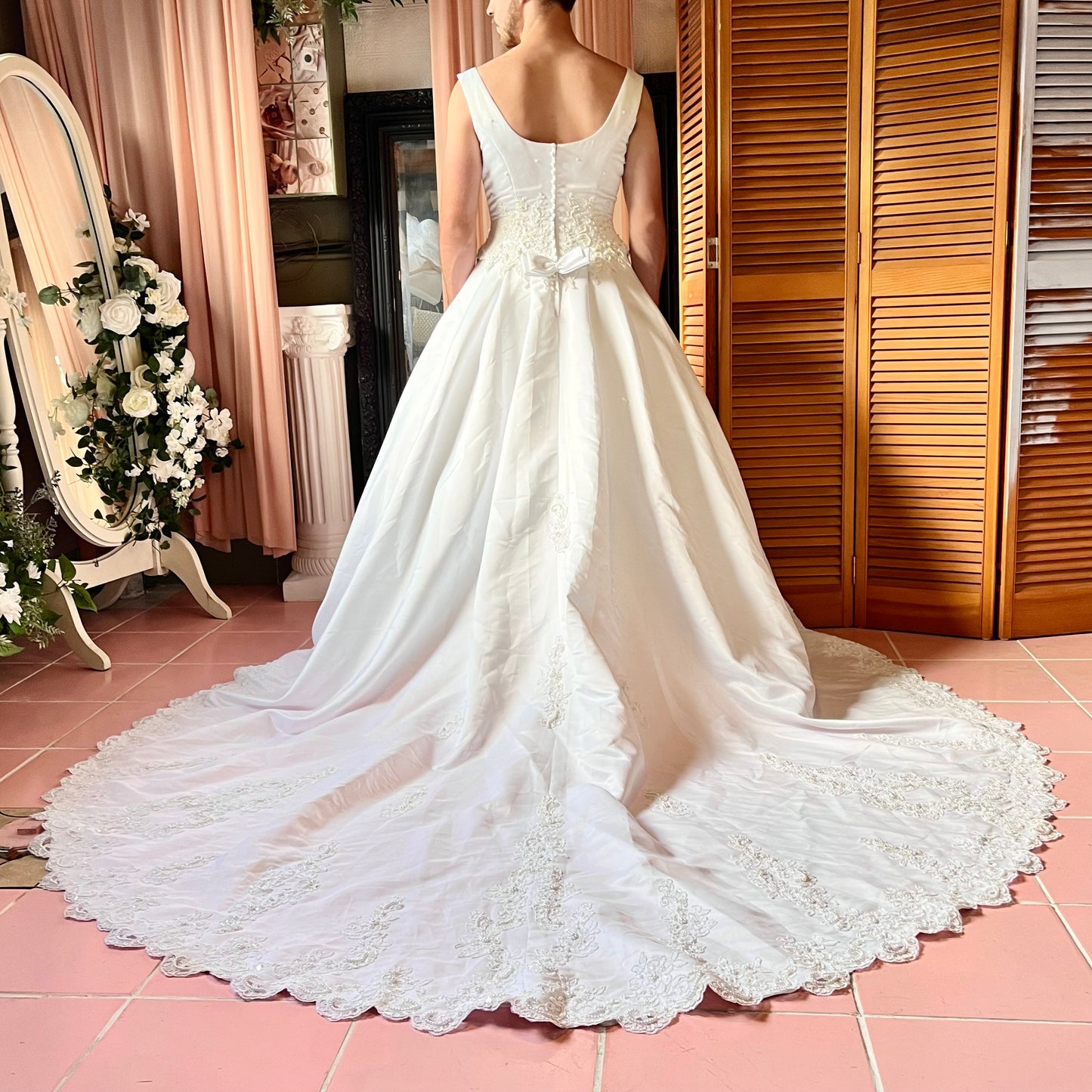 Sleeveless White Satin Ballgown with Floral Lace and Pearl Detail