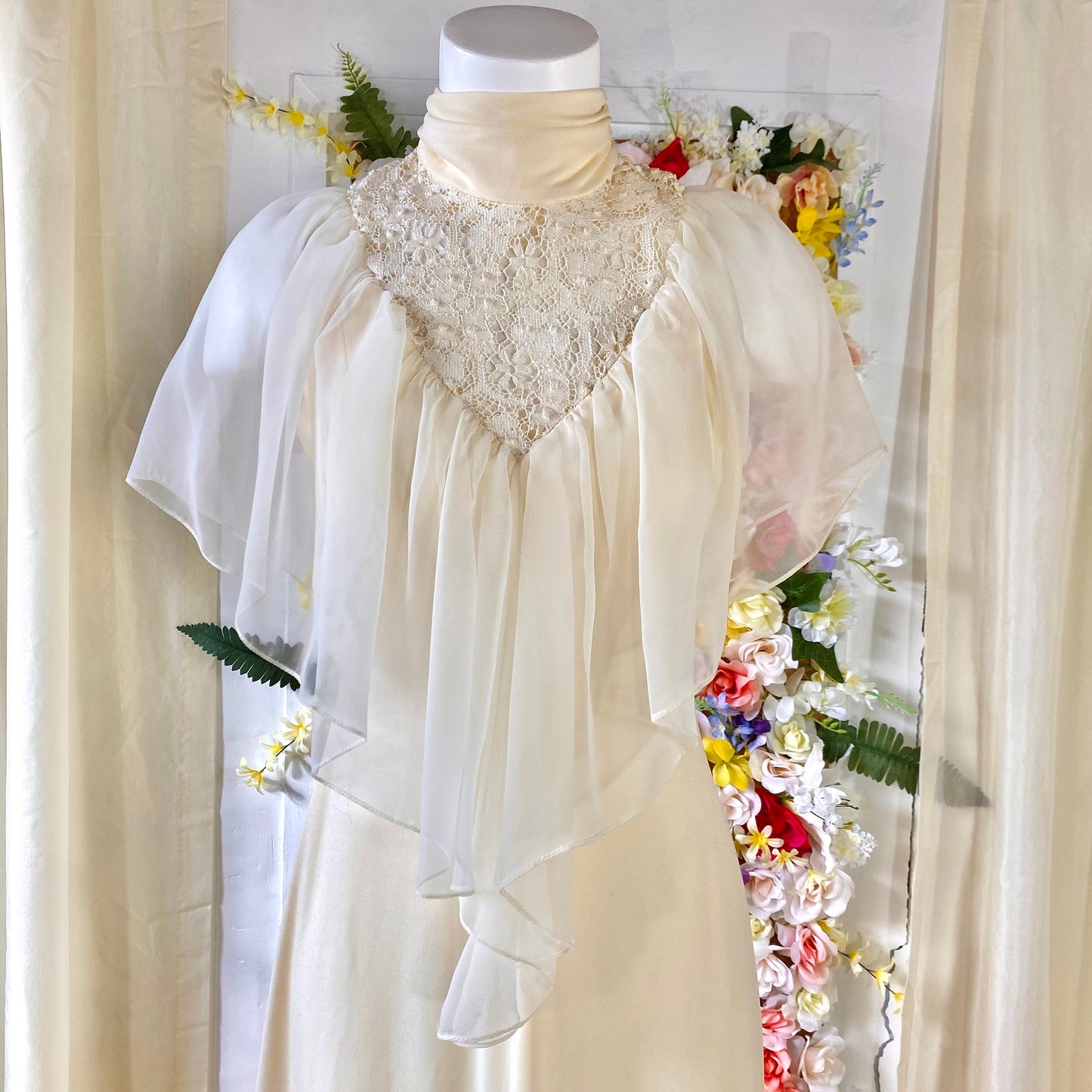 Sleeveless Butter Cream Dress with Sheer Yoke and High Modest Collar