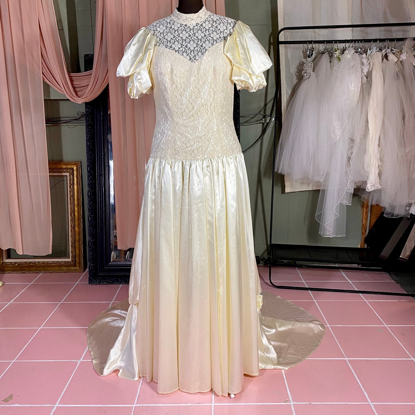 Cream Wedding Gown With Puff Sleeves, Short Train & Lace Top