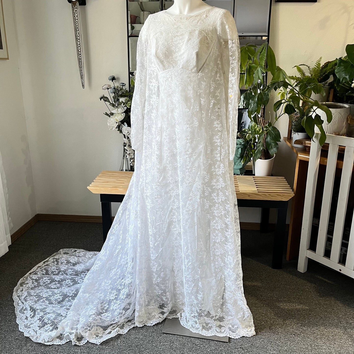 1950's All-Lace Empire Waisted Dress With Matching Crown & Veil