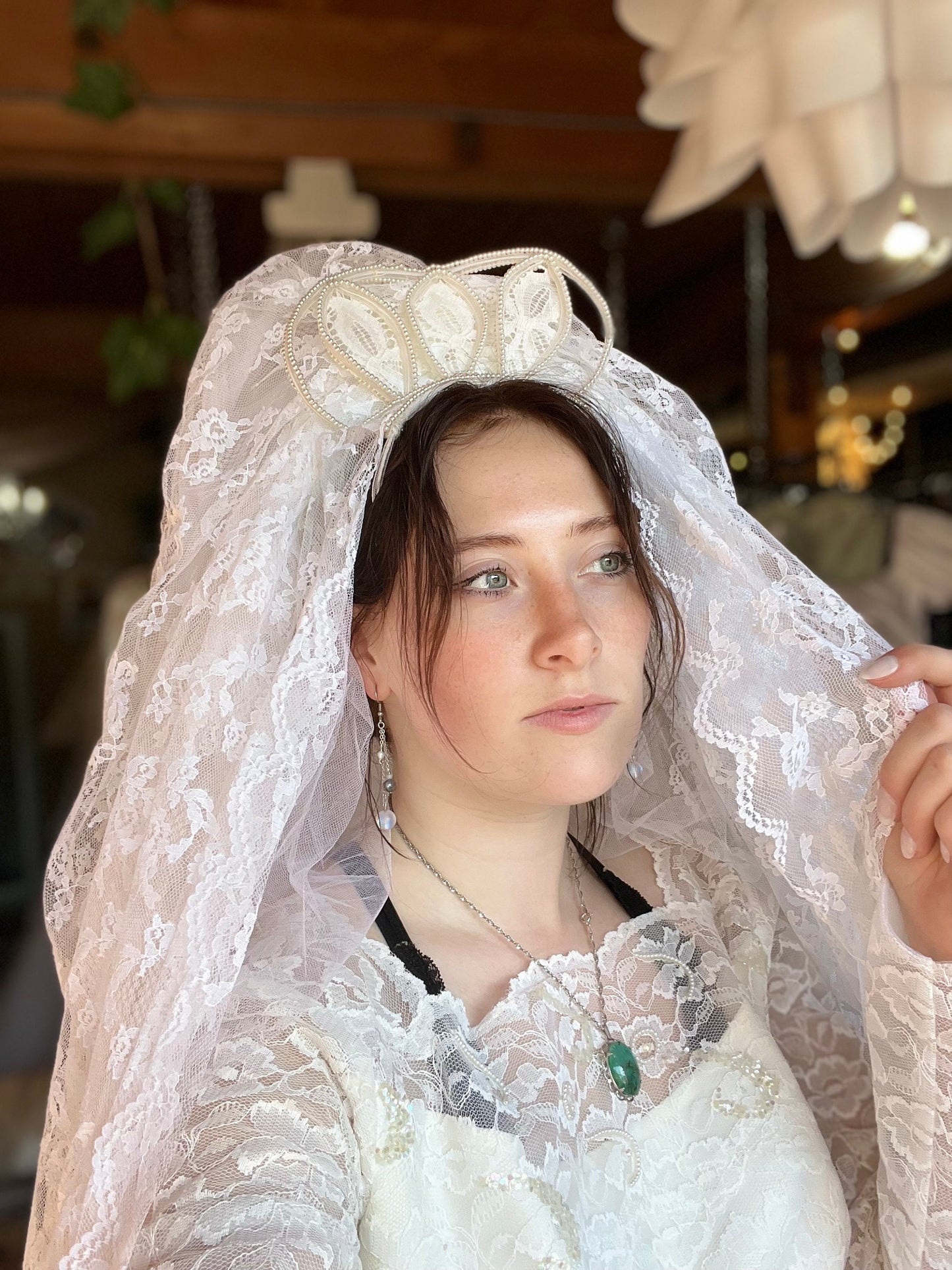 1950's All-Lace Empire Waisted Dress With Matching Crown & Veil