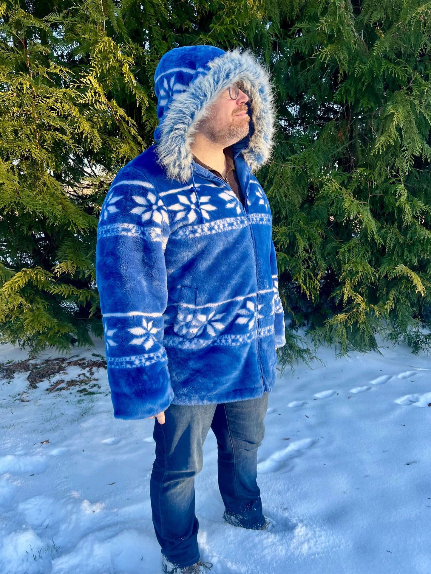 Oversized Blue Faux Fur Hooded Jacket – Cozy Winter Snowflake Print Coat
