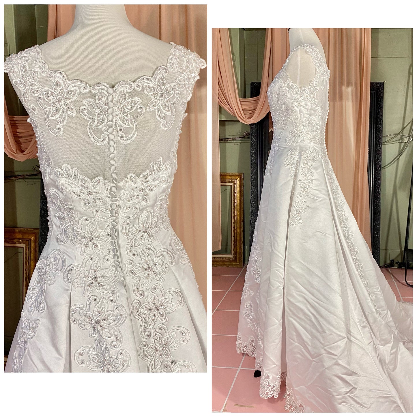 Michael Angelo White A-line Satin & Lace Sleeveless Dress With Bustle