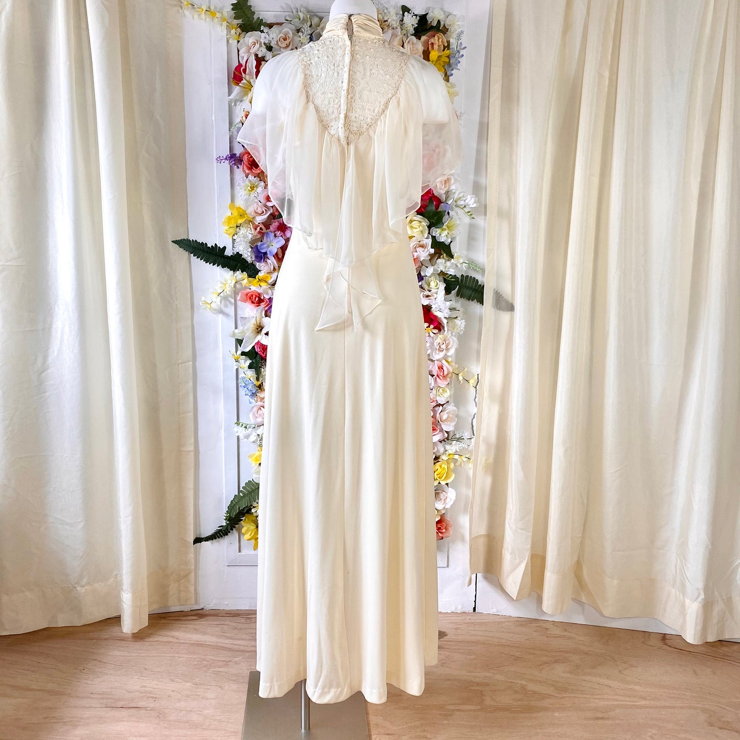 Sleeveless Butter Cream Dress with Sheer Yoke and High Modest Collar